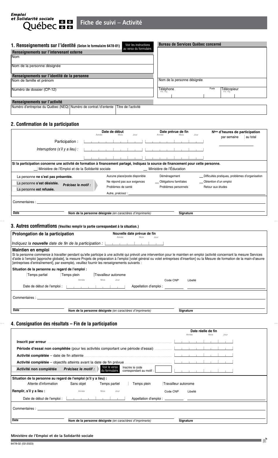 Forme 6478-02 Fiche De Suivi - Activite - Canada (French), Page 1