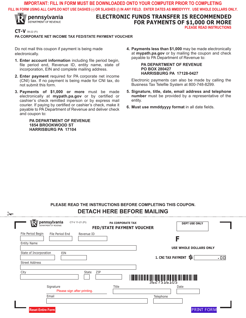 Form CT-V Pa Corporate Net Income Tax Fed / State Payment Voucher - Pennsylvania, Page 1