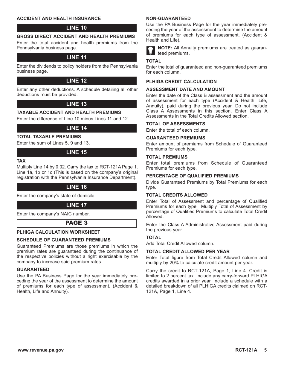 Form RCT-121A Gross Premiums Tax - Domestic Casualty, Fire or Life Insurance Companies - Pennsylvania, Page 10