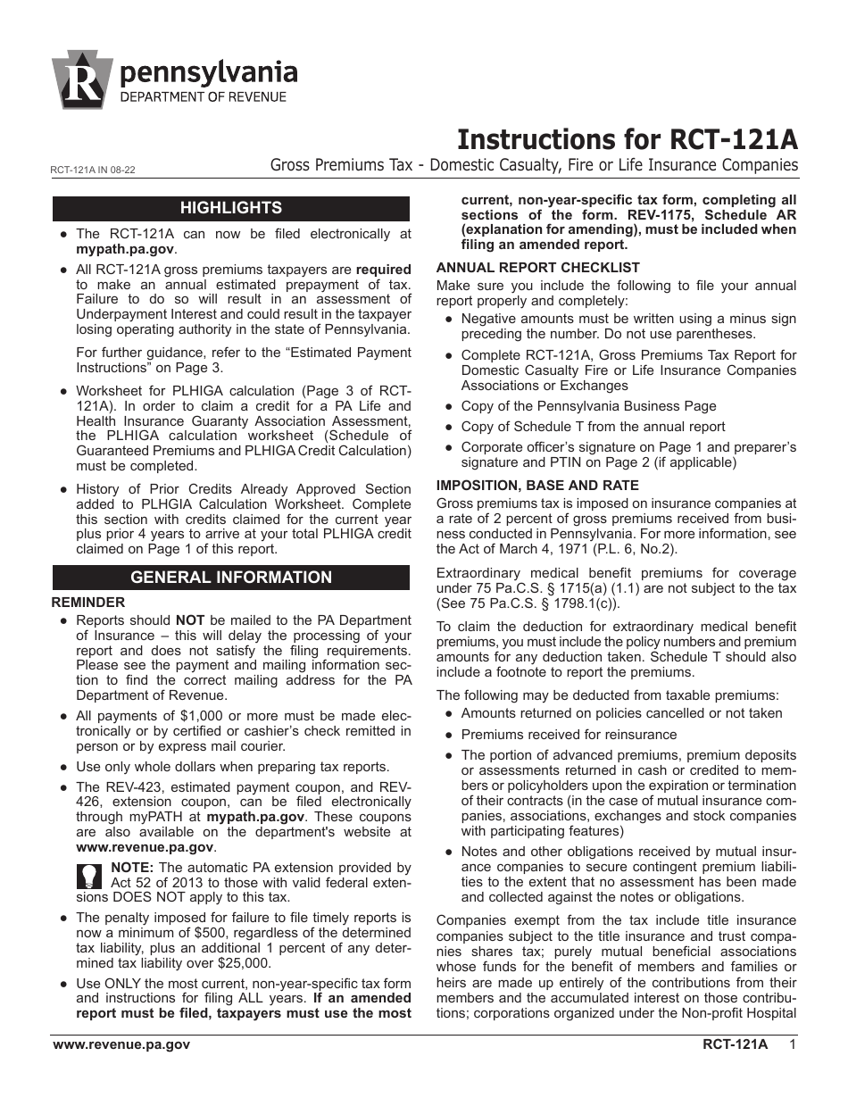 Form RCT-121A Gross Premiums Tax - Domestic Casualty, Fire or Life Insurance Companies - Pennsylvania, Page 5