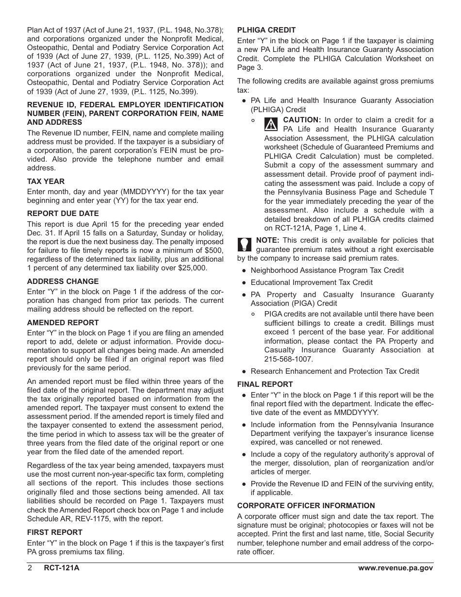 Form RCT-121A Gross Premiums Tax - Domestic Casualty, Fire or Life Insurance Companies - Pennsylvania, Page 6