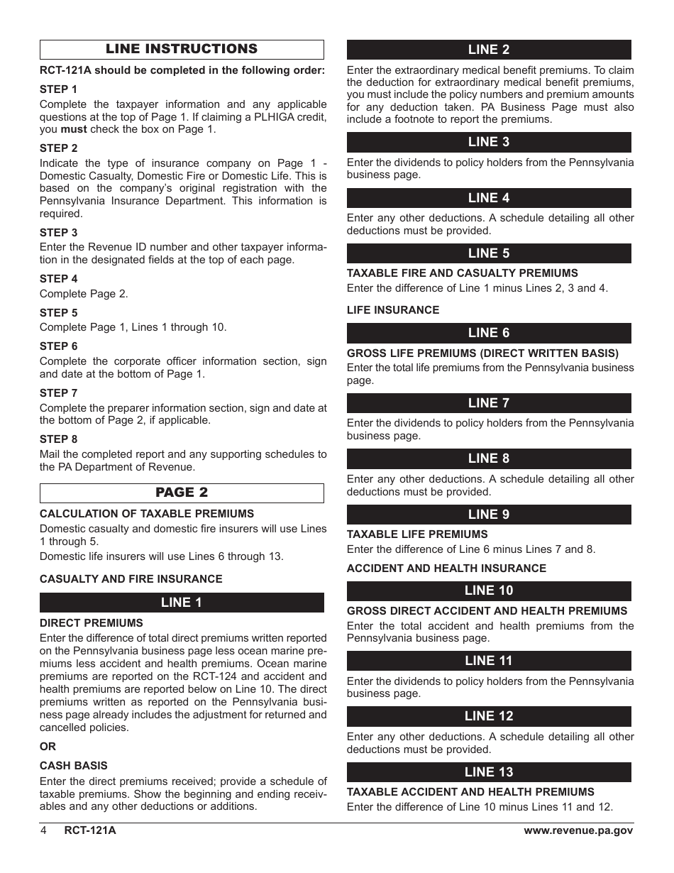 Form RCT-121A Gross Premiums Tax - Domestic Casualty, Fire or Life Insurance Companies - Pennsylvania, Page 8