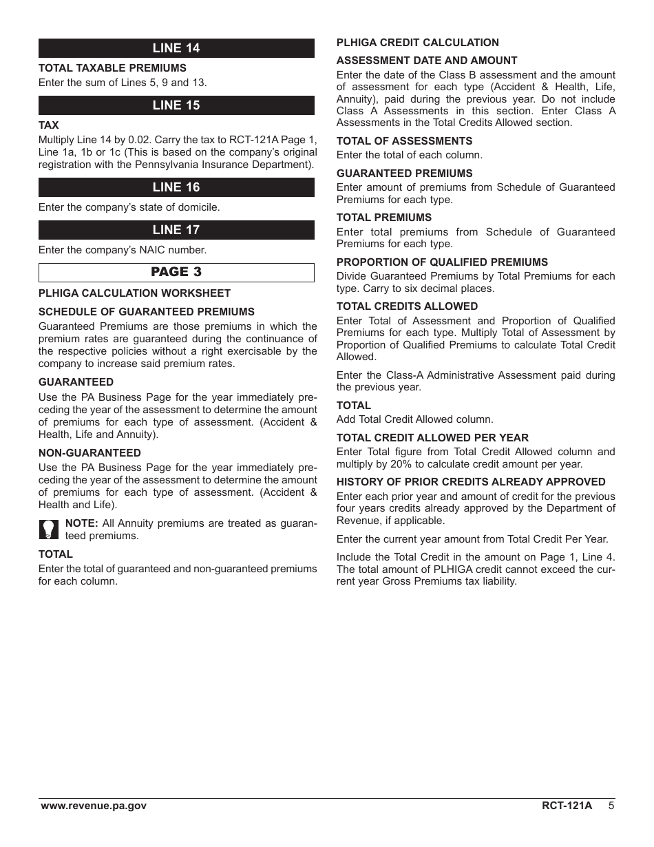 Form RCT-121A Gross Premiums Tax - Domestic Casualty, Fire or Life Insurance Companies - Pennsylvania, Page 9