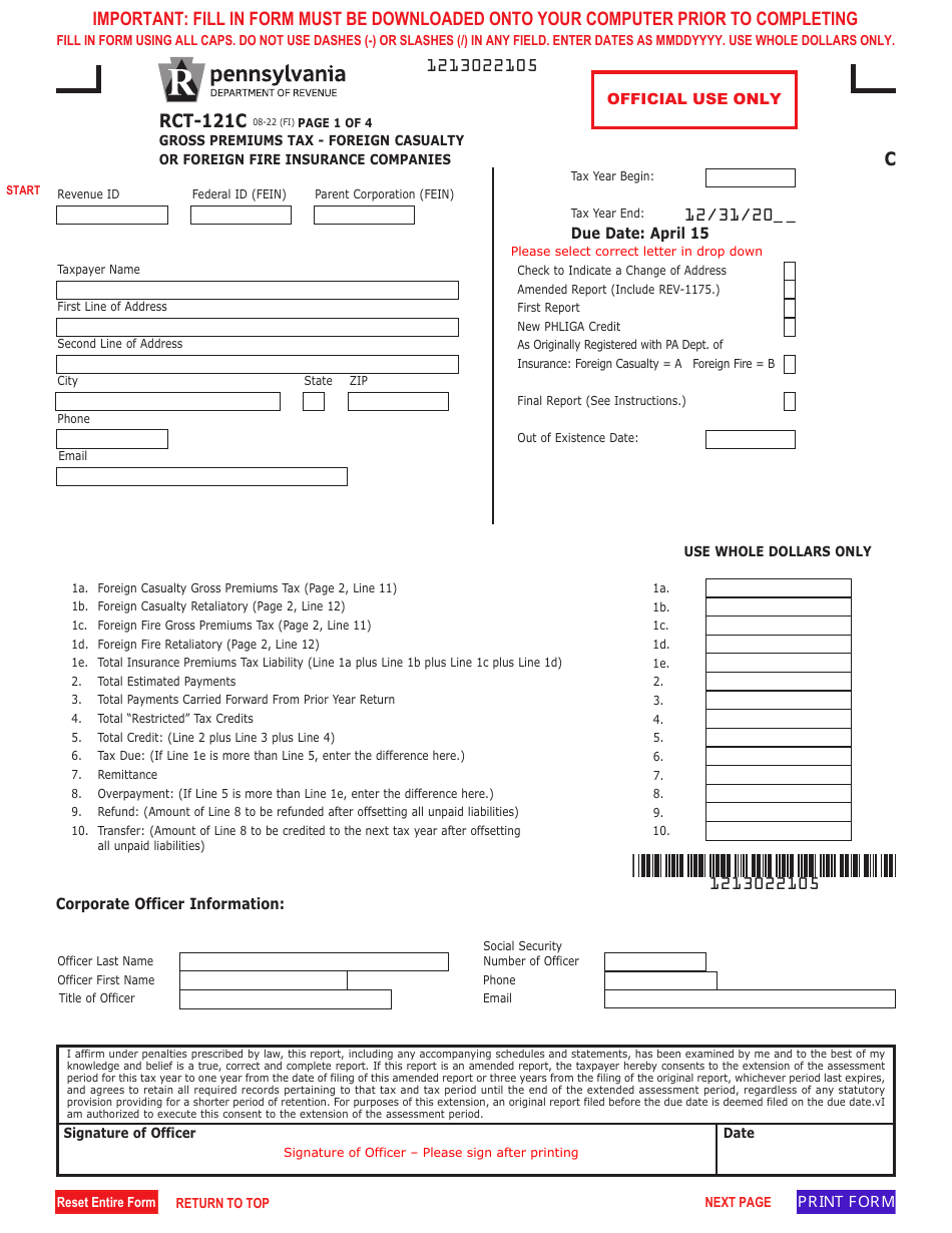 Form RCT-121C Gross Premiums Tax Report for Foreign Casualty or Foreign Fire Insurance Companies - Pennsylvania, Page 1