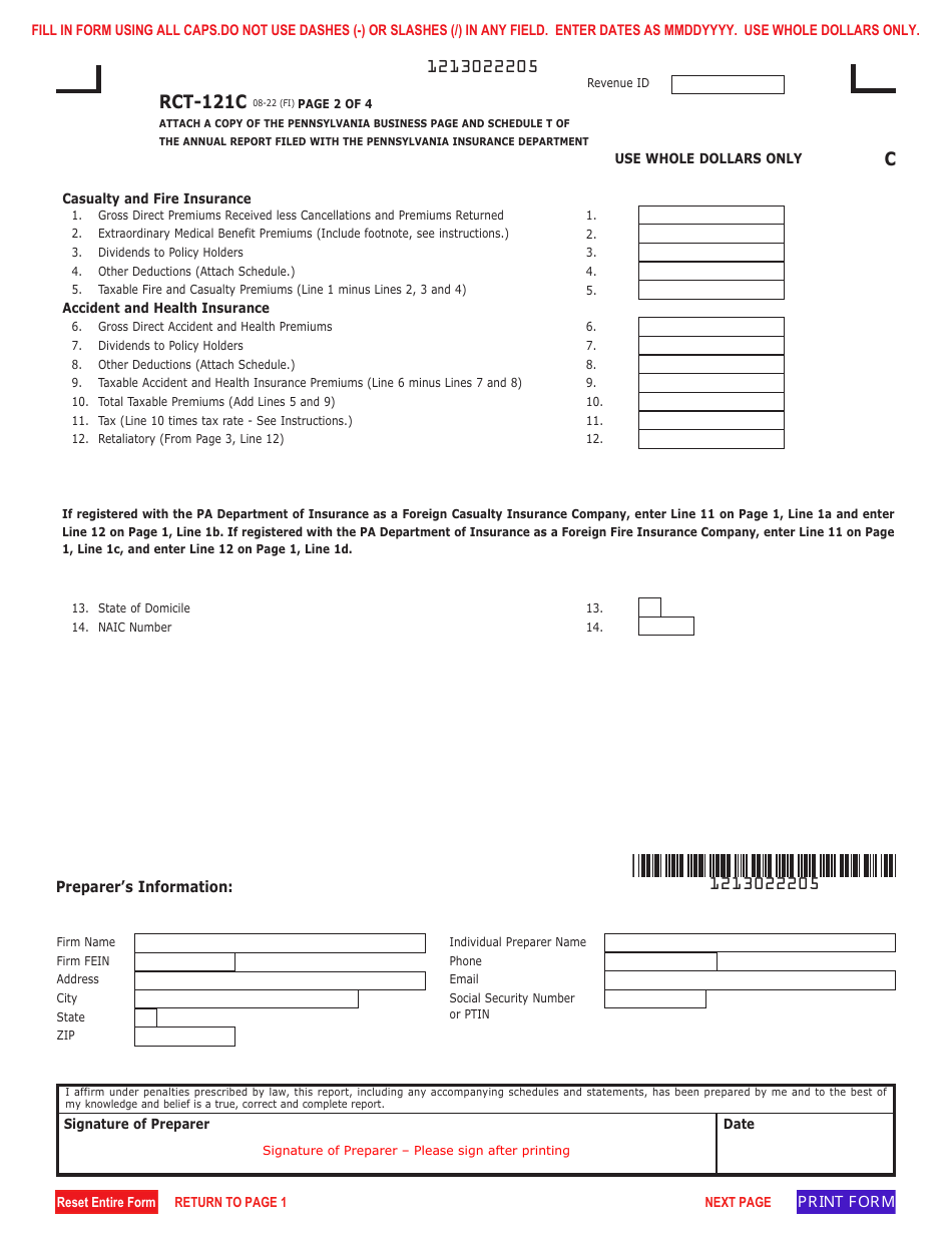 Form RCT-121C Gross Premiums Tax Report for Foreign Casualty or Foreign Fire Insurance Companies - Pennsylvania, Page 2