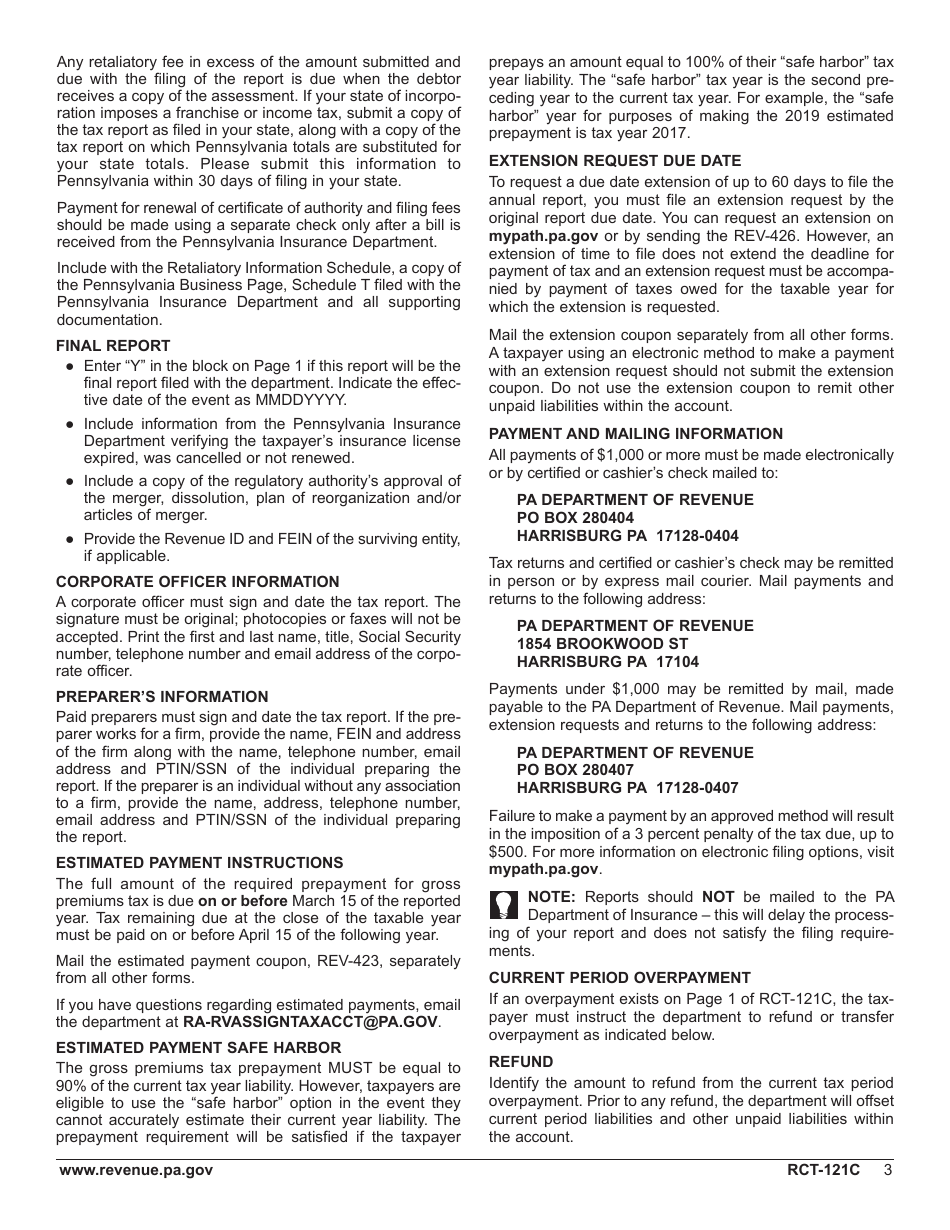 Form RCT-121C Gross Premiums Tax Report for Foreign Casualty or Foreign Fire Insurance Companies - Pennsylvania, Page 7