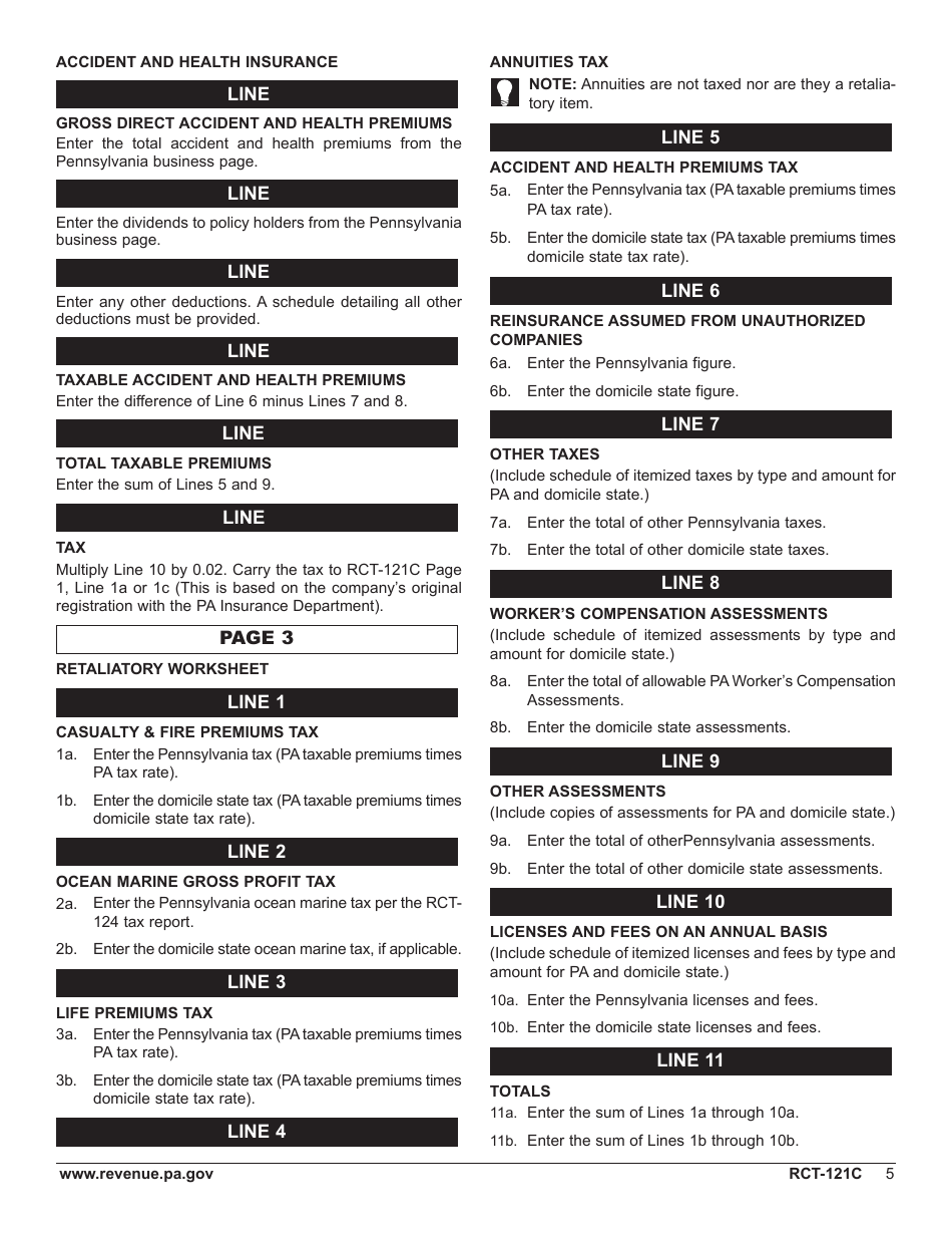 Form RCT-121C Gross Premiums Tax Report for Foreign Casualty or Foreign Fire Insurance Companies - Pennsylvania, Page 9