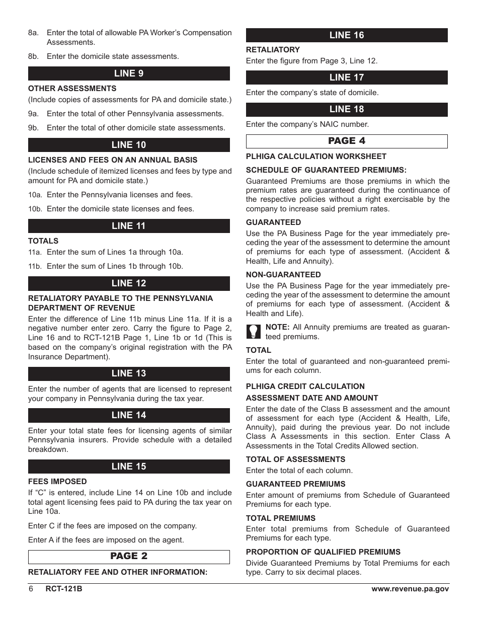 Form RCT-121B Gross Premiums Tax for Foreign Life or Foreign Title Insurance Companies - Pennsylvania, Page 10