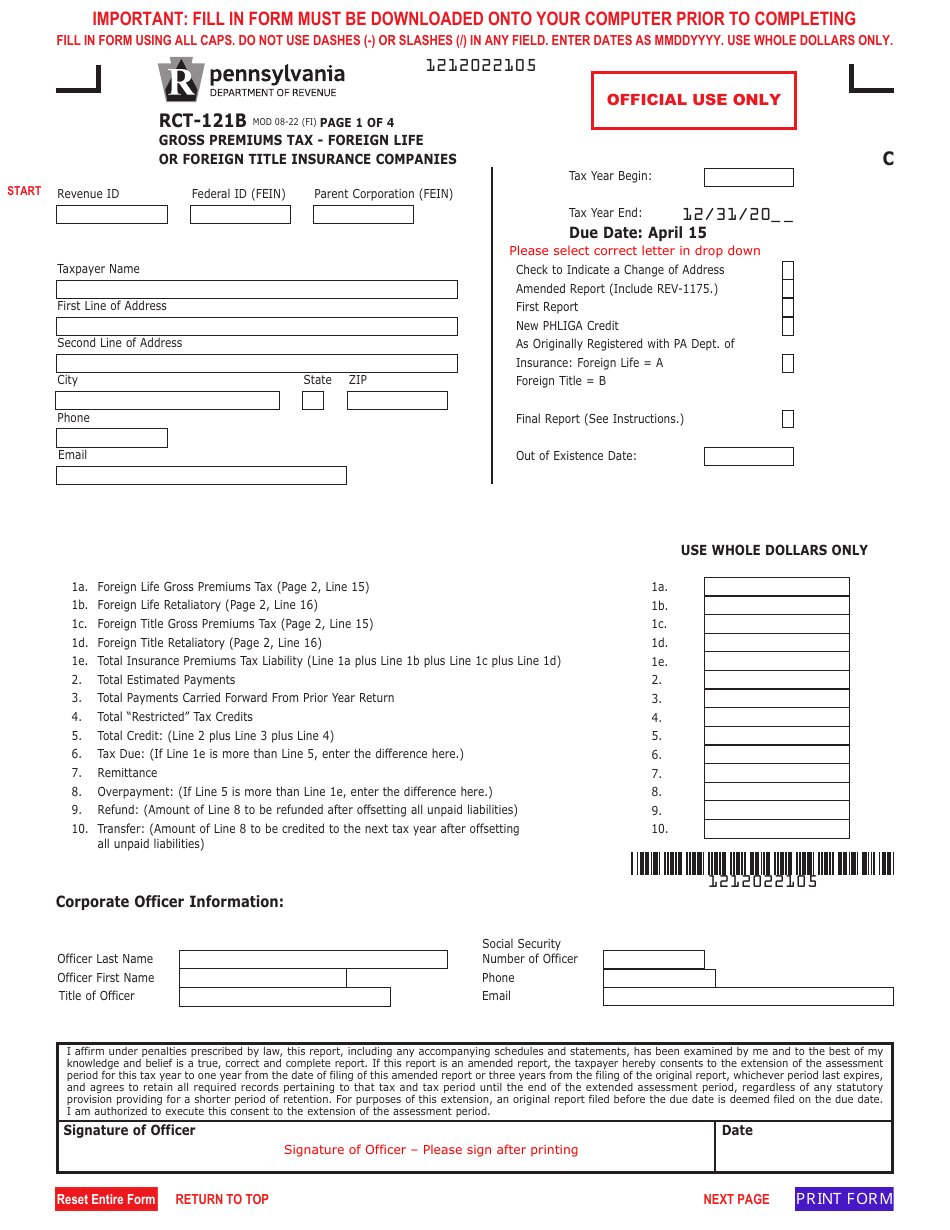 Form RCT-121B Gross Premiums Tax for Foreign Life or Foreign Title Insurance Companies - Pennsylvania, Page 1