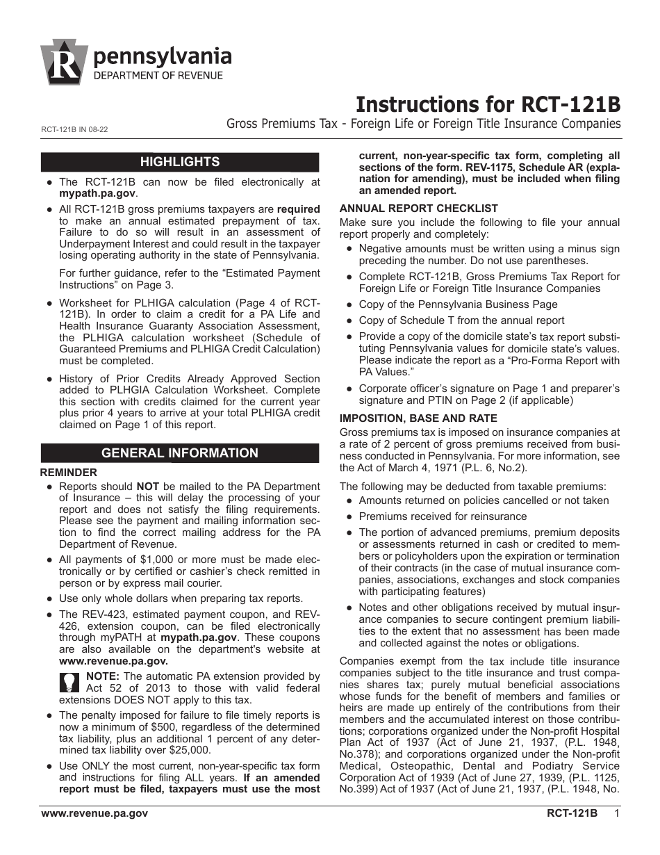 Form RCT-121B Gross Premiums Tax for Foreign Life or Foreign Title Insurance Companies - Pennsylvania, Page 5