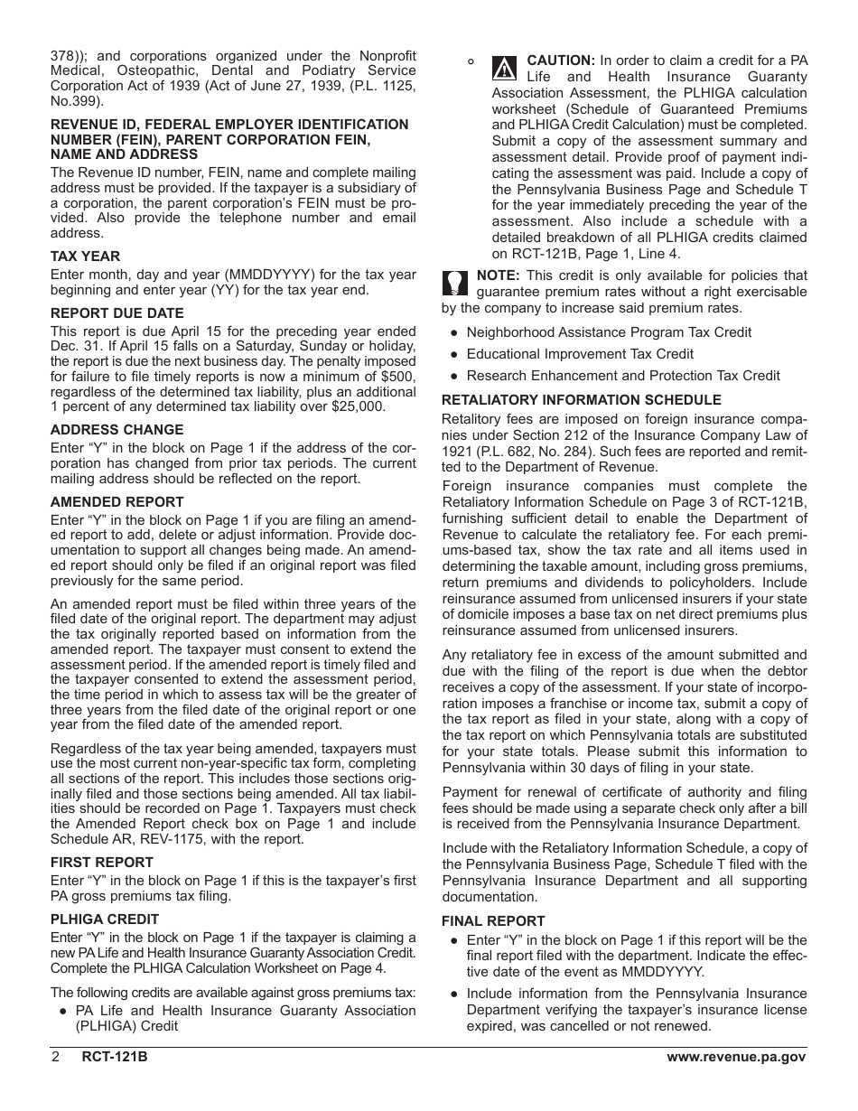 Form RCT-121B Gross Premiums Tax for Foreign Life or Foreign Title Insurance Companies - Pennsylvania, Page 6