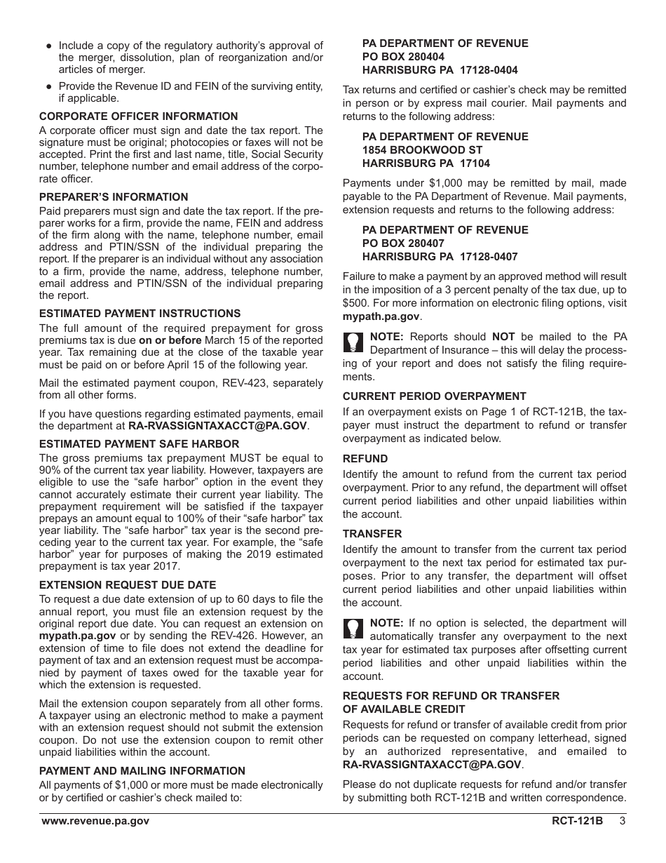 Form RCT-121B Gross Premiums Tax for Foreign Life or Foreign Title Insurance Companies - Pennsylvania, Page 7