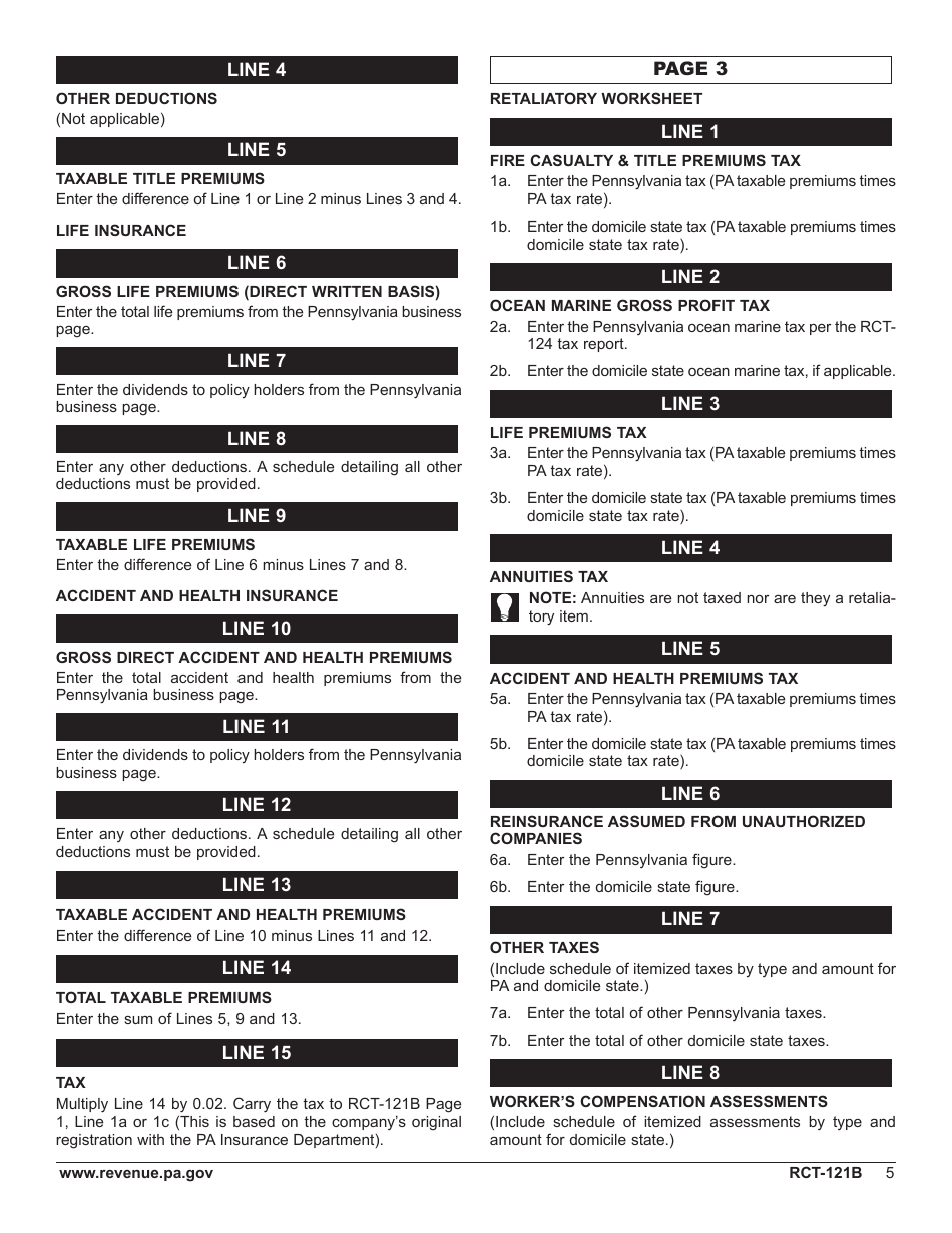 Form RCT-121B Gross Premiums Tax for Foreign Life or Foreign Title Insurance Companies - Pennsylvania, Page 9
