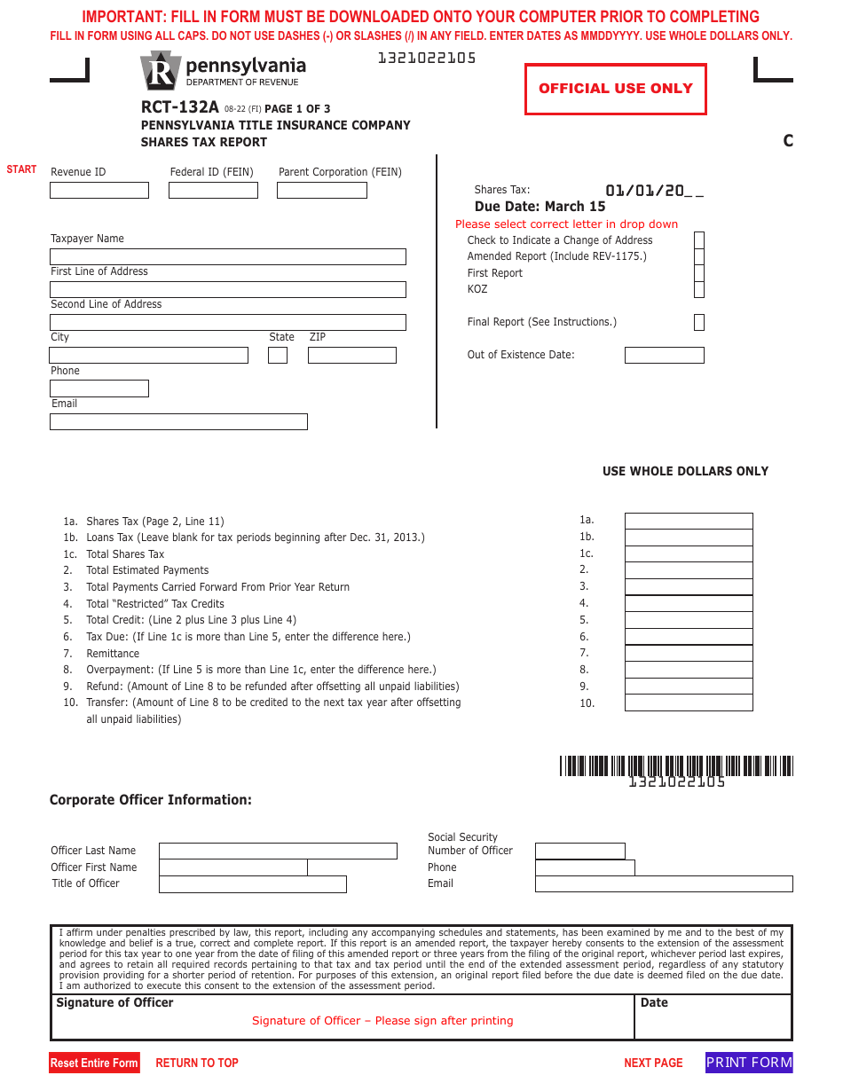 Form RCT-132A Pennsylvania Title Insurance Company Shares Tax Report - Pennsylvania, Page 1