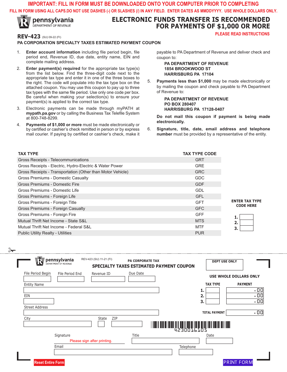 Form REV-423 Pa Corporation Specialty Taxes Estimated Payment Coupon - Pennsylvania, Page 1