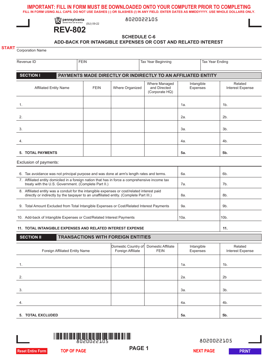 Form REV-802 Schedule C-6 Add-Back for Intangible Expenses or Cost and Related Interest - Pennsylvania, Page 1