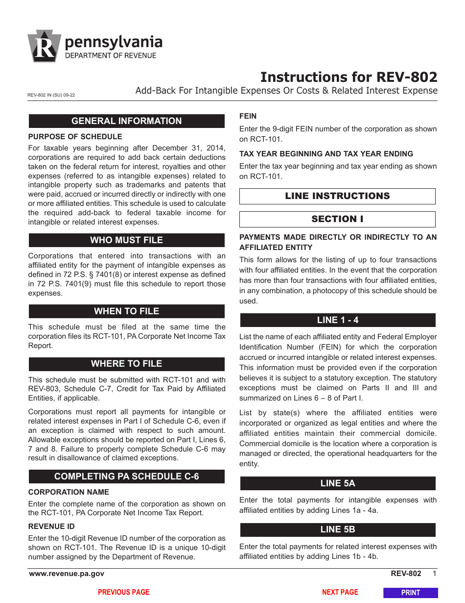 Form REV-802 Schedule C-6 Add-Back for Intangible Expenses or Cost and Related Interest - Pennsylvania, Page 3
