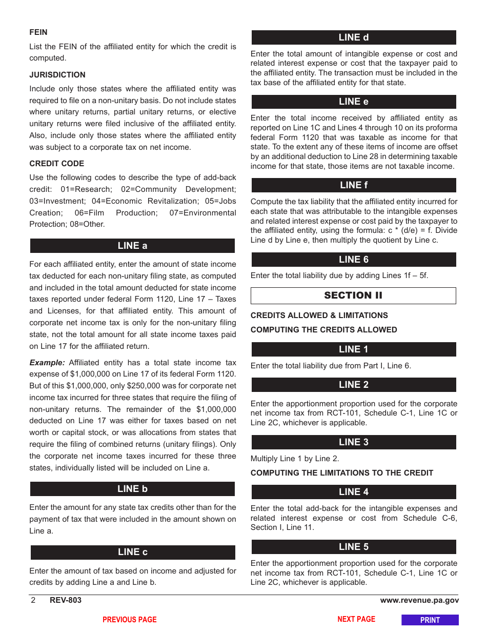 Form REV-803 Schedule C-7 Credit for Tax Paid by Affiliated Entities - Pennsylvania, Page 4
