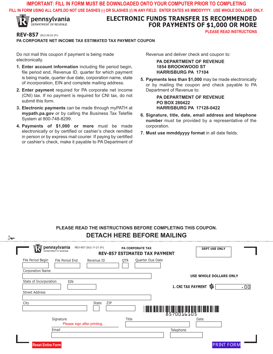 Form REV-857 Pa Corporate Net Income Tax Estimated Tax Payment Coupon - Pennsylvania, Page 1