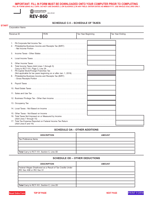 Form REV-860 Schedule C-5, OA, OD  Printable Pdf