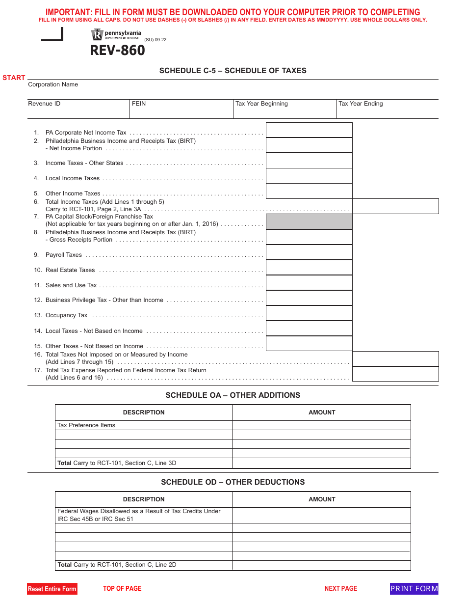 Form REV-860 Schedule C-5, OA, OD - Pennsylvania, Page 1