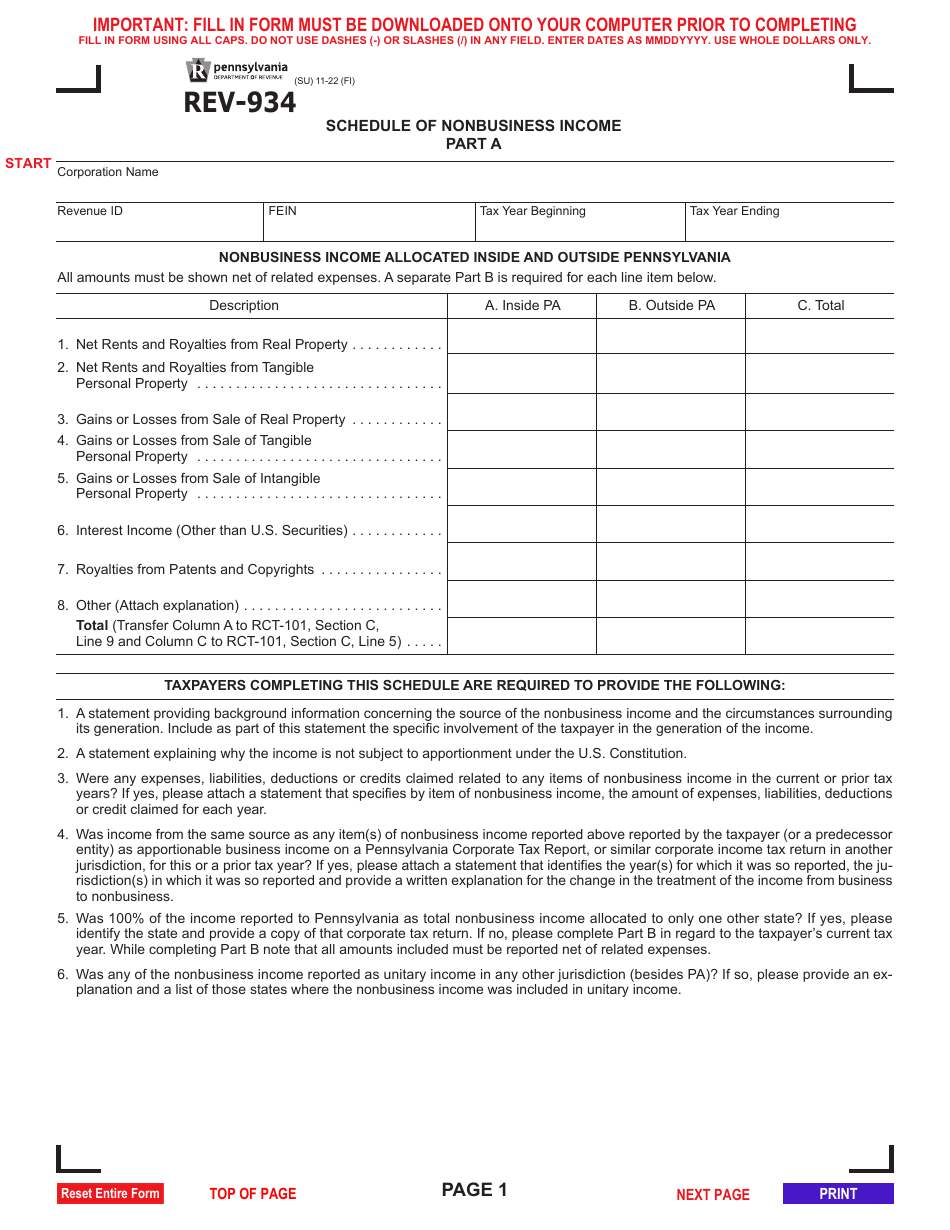 Form REV-934 Schedule of Nonbusiness Income - Pennsylvania, Page 1