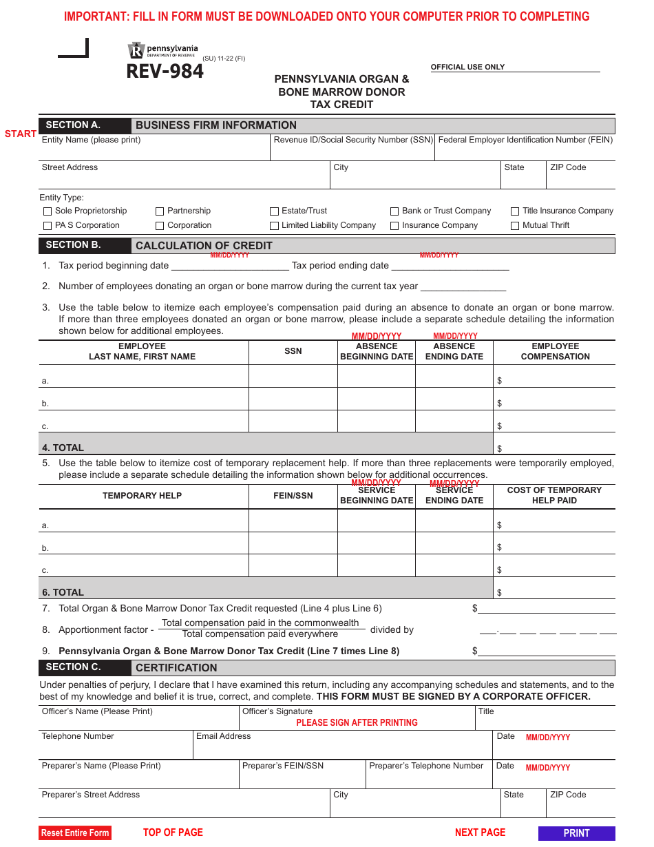 Form REV-984 Pennsylvania Organ  Bone Marrow Donor Tax Credit - Pennsylvania, Page 1