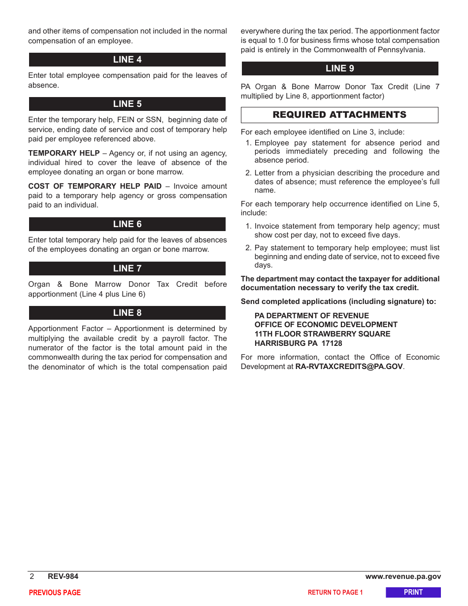 Form REV-984 Pennsylvania Organ  Bone Marrow Donor Tax Credit - Pennsylvania, Page 3