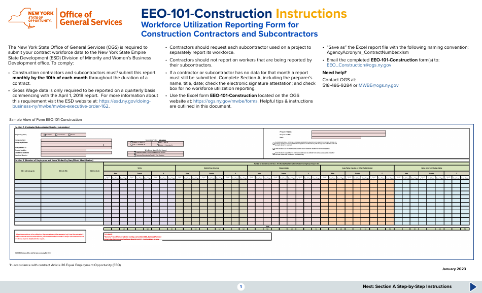 Instructions for Form EEO-101 Workforce Utilization Reporting Form for Construction Contractors and Subcontractors - New York, Page 1