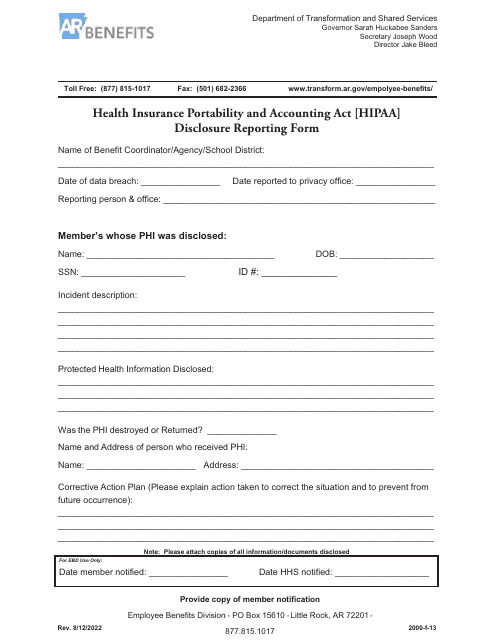 Health Insurance Portability and Accounting Act (HIPAA) Disclosure Reporting Form - Arkansas Download Pdf