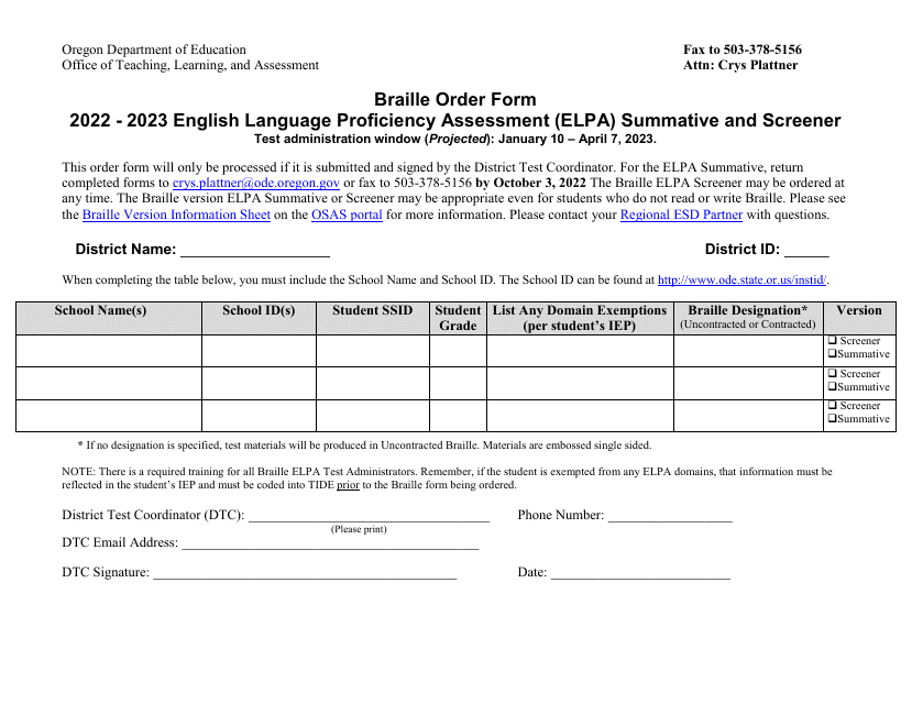 Braille Order Form - English Language Proficiency Assessment (Elpa) Summative and Screener - Oregon, 2023