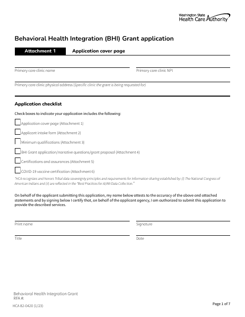 Form HCA82-0420 Behavioral Health Integration (Bhi) Grant Application - Washington