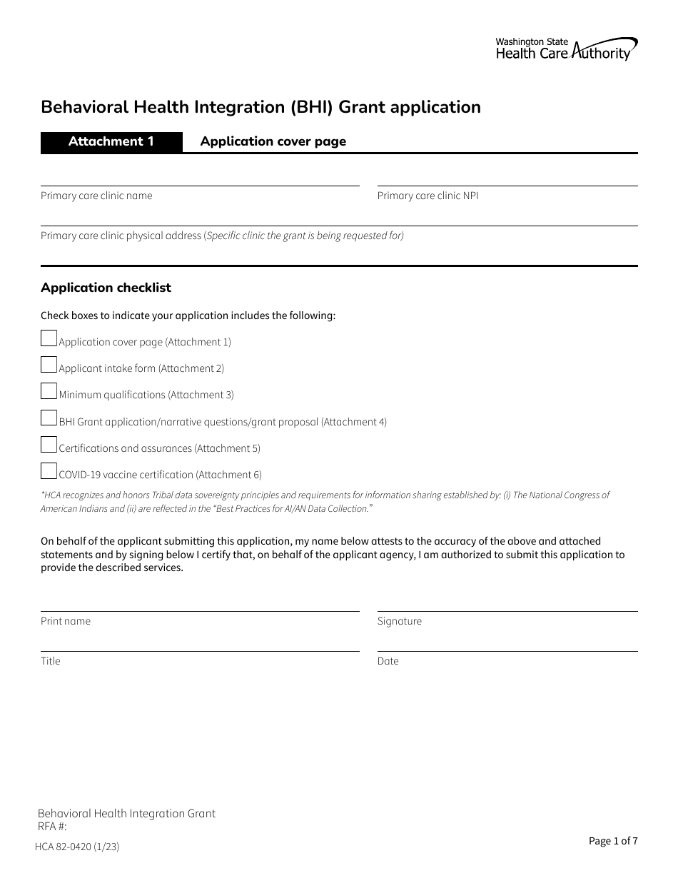 Form HCA82-0420 Behavioral Health Integration (Bhi) Grant Application - Washington, Page 1