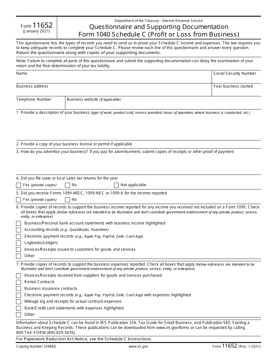 IRS Form 11652 Questionnaire and Supporting Documentation Form 1040 Schedule C (Profit or Loss From Business), Page 1