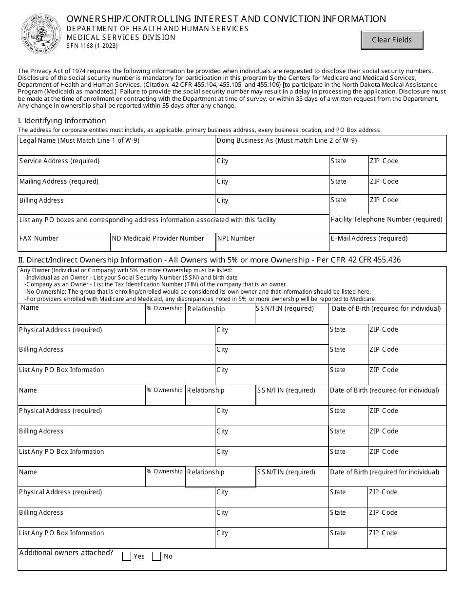 Form SFN1168 Ownership/Controlling Interest and Conviction Information - North Dakota, Page 1