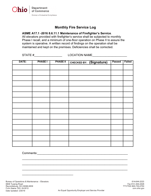 Form DIC-18-0012 Monthly Fire Service Log for Elevators - Ohio