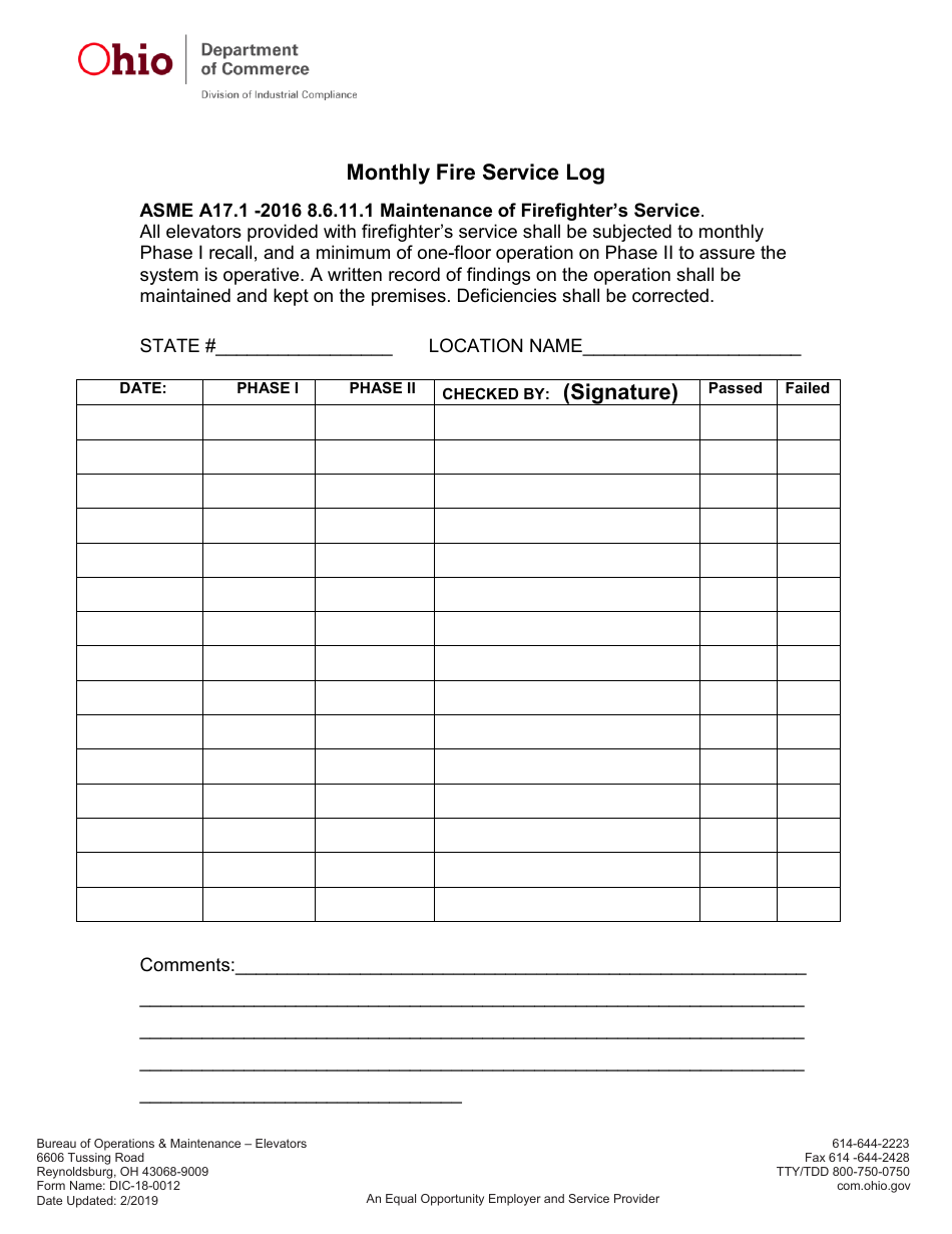 Form DIC-18-0012 Monthly Fire Service Log for Elevators - Ohio, Page 1