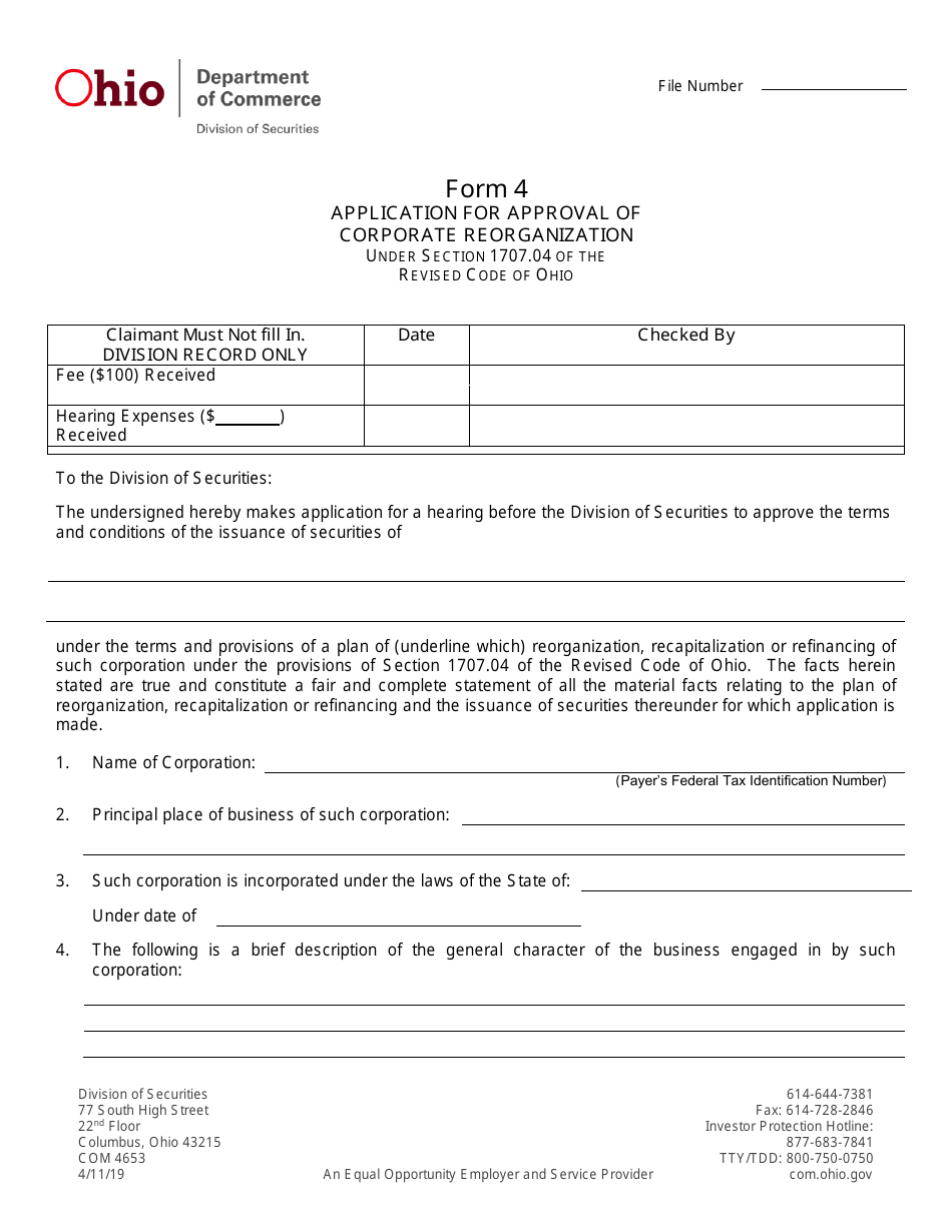 Form 4 (COM4653) Application for Approval of Corporate Reorganization - Ohio, Page 1