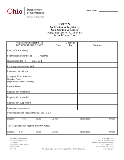 Form 9 (COM4598) Application to Register by Qualification Securities - Ohio