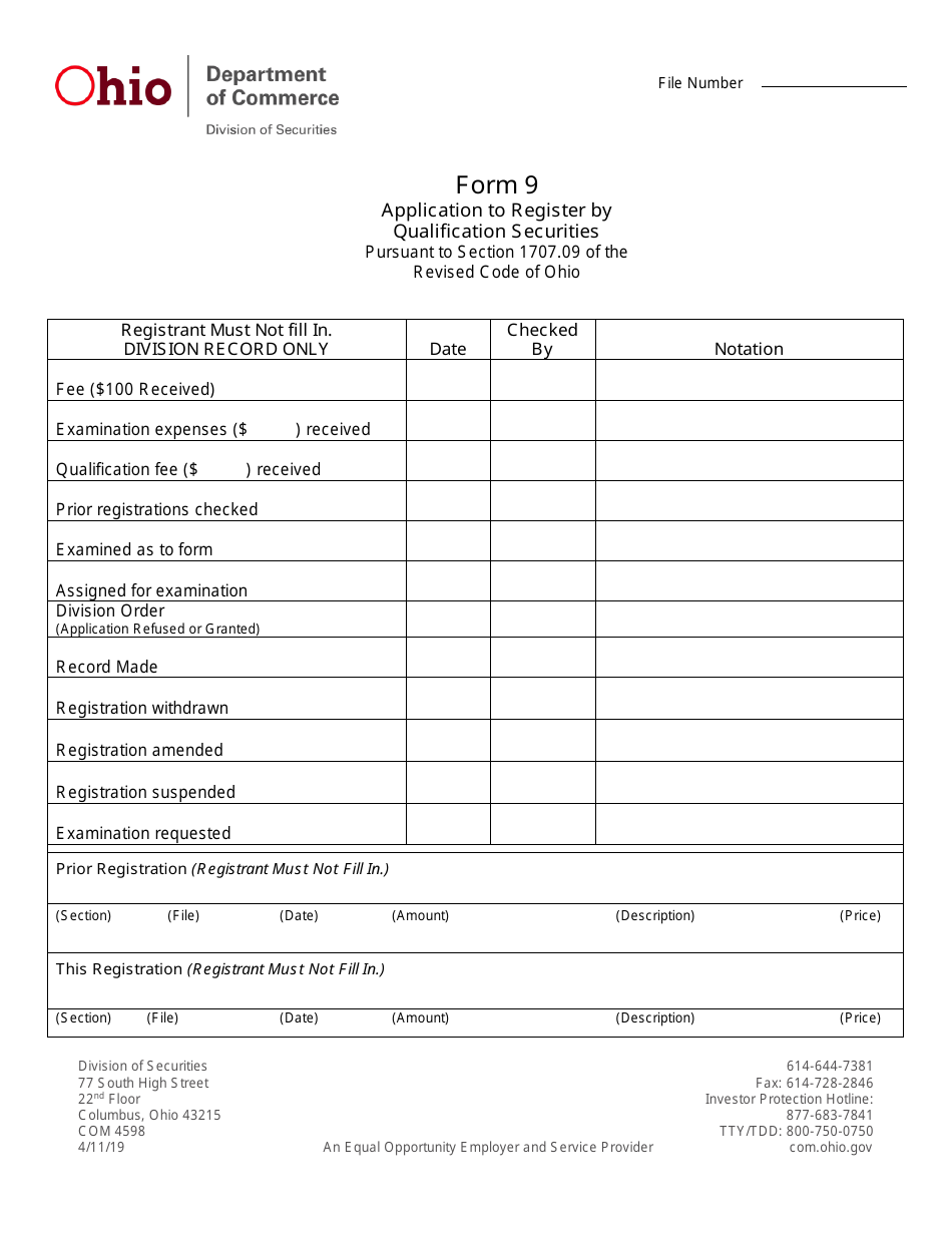 Form 9 (COM4598) Application to Register by Qualification Securities - Ohio, Page 1