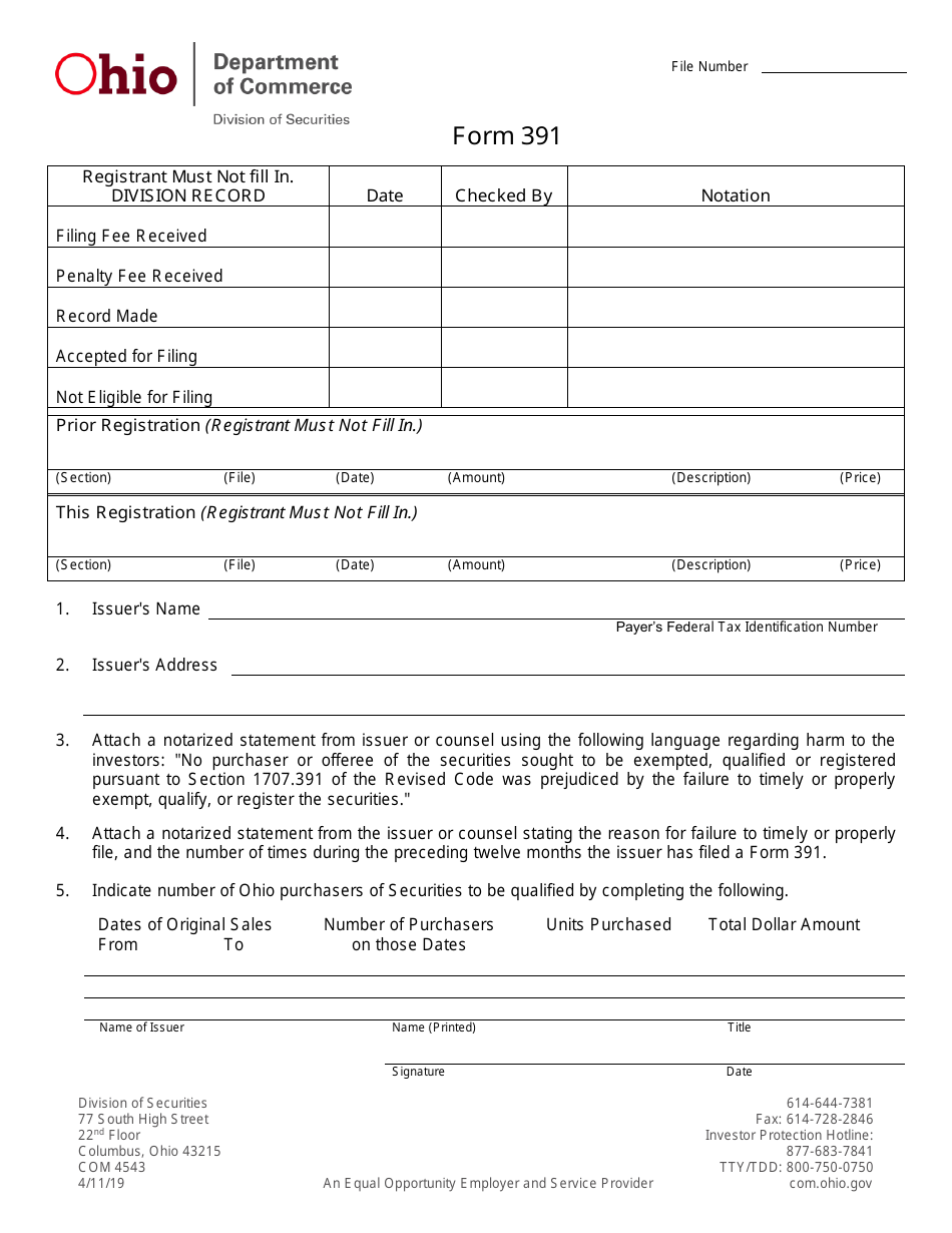 Form 391 (COM4543) Corrective Filings Under the Ohio Securities Act Second Form - Ohio, Page 1