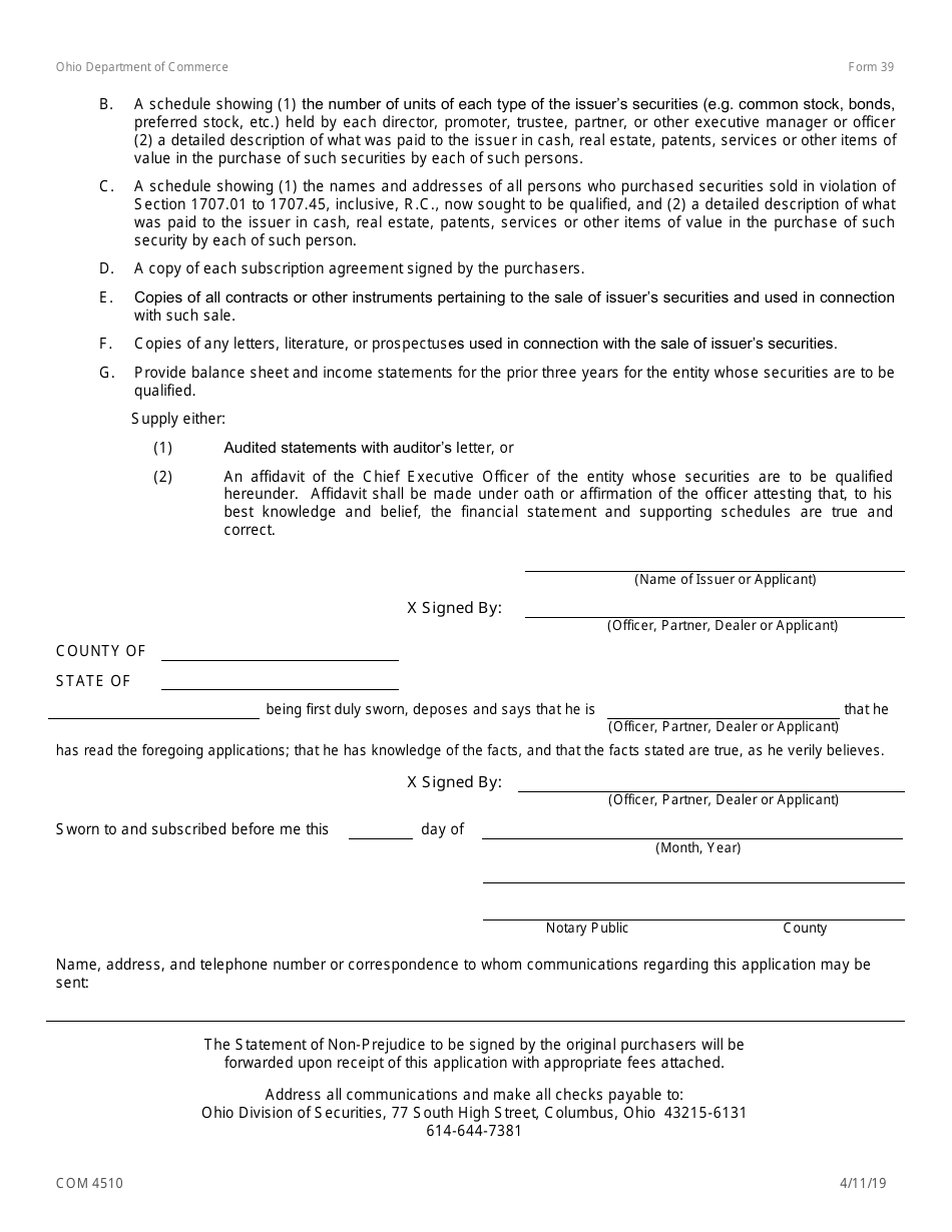 Form 39 (COM4510) Application for Qualification of Securities Previously Sold in Ohio Without Compliance With Section 1707.01 to 1707.45, Inclusive, Revised Code of Ohio (Section 1707.39, Revised Code) - Ohio, Page 3