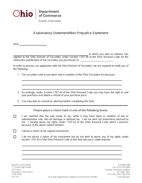Form COM4542 Explanatory Statement/Non-prejudice Statement - Ohio