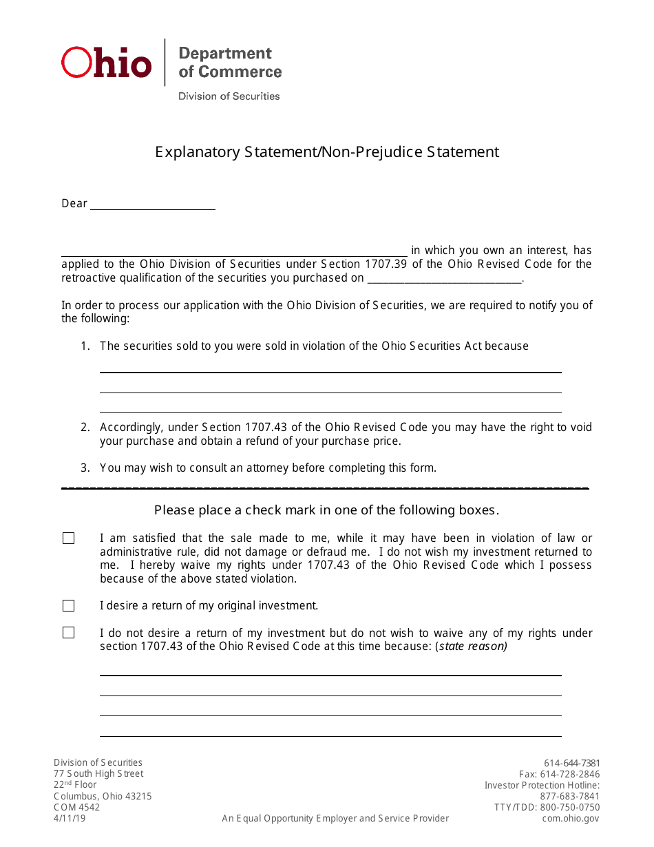 Form COM4542 Explanatory Statement / Non-prejudice Statement - Ohio, Page 1