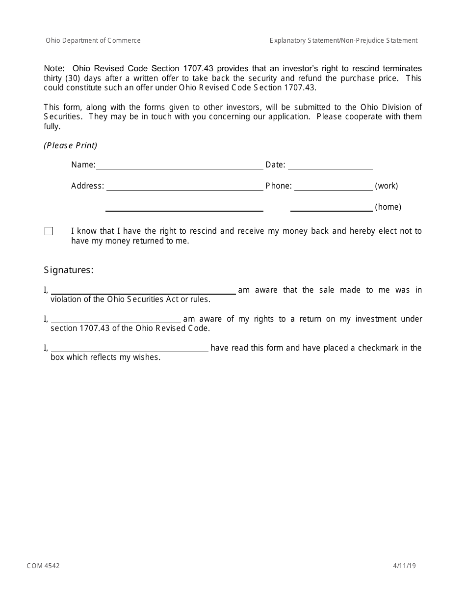 Form COM4542 Explanatory Statement / Non-prejudice Statement - Ohio, Page 2