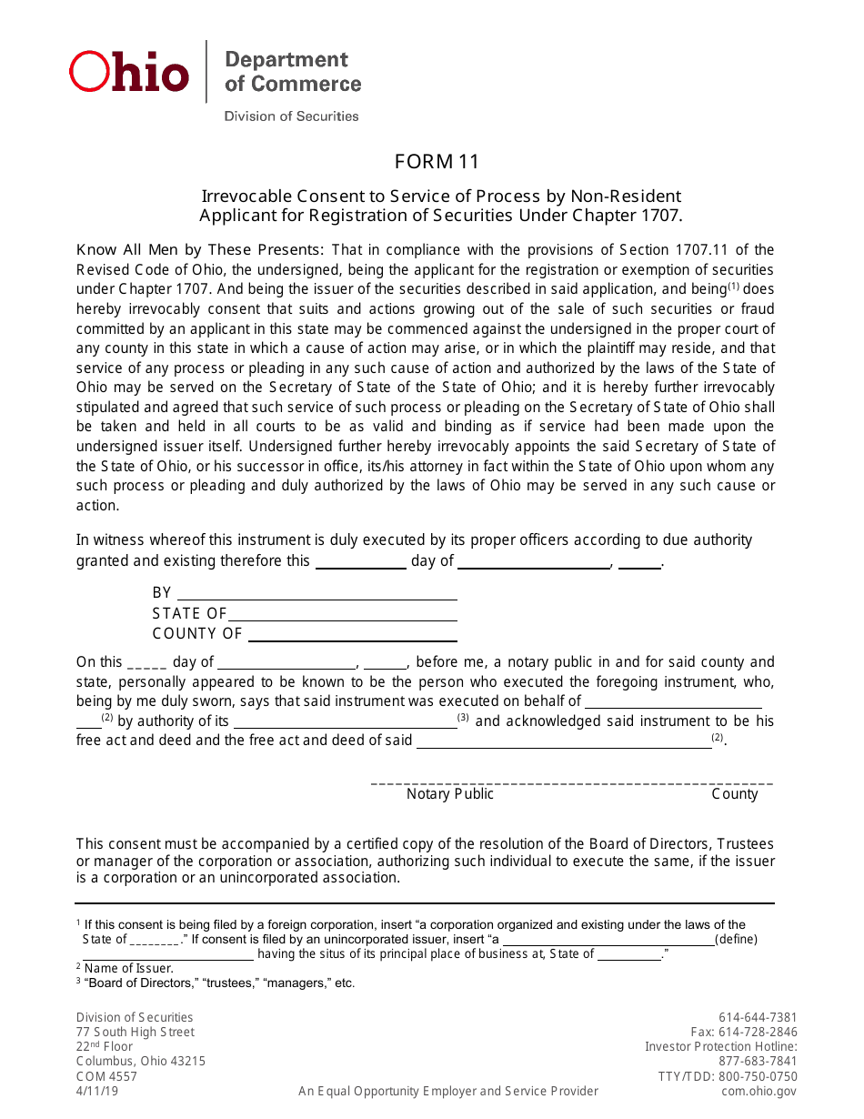Form 11 (COM4557) Irrevocable Consent to Service of Process by Non-resident Applicant for Registration of Securities Under Chapter 1707 - Ohio, Page 1