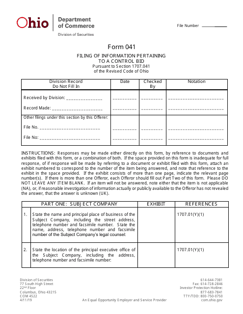 Form 041 (COM4522) Filing of Information Pertaining to a Control Bid - Ohio