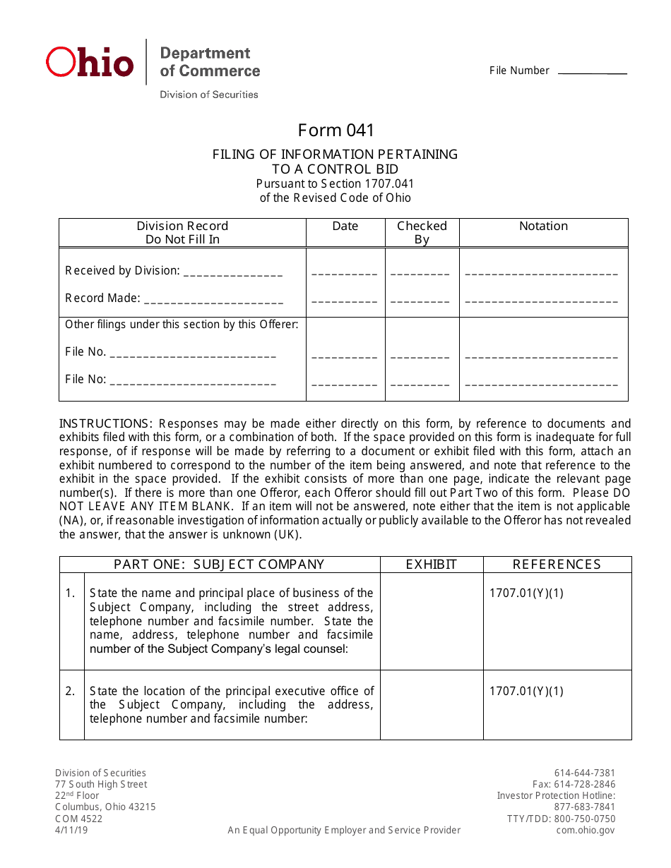 Form 041 (COM4522) Filing of Information Pertaining to a Control Bid - Ohio, Page 1