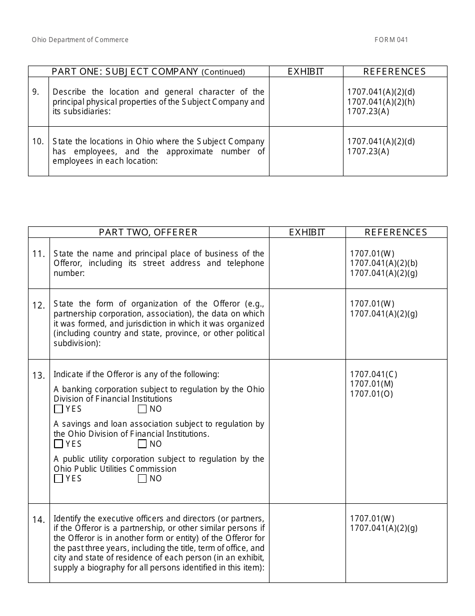 Form 041 (COM4522) Filing of Information Pertaining to a Control Bid - Ohio, Page 3