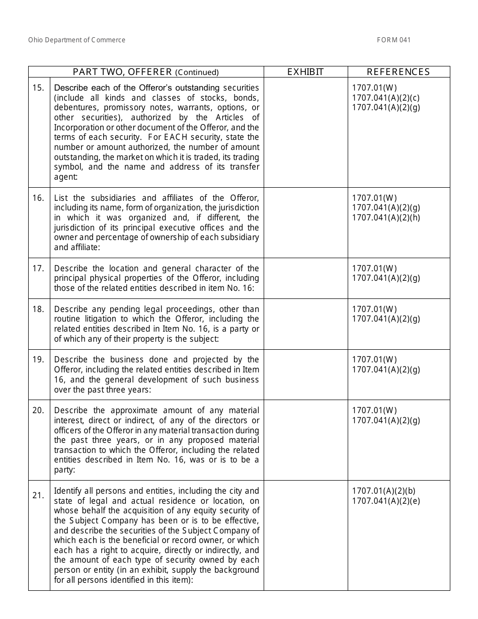 Form 041 (COM4522) Filing of Information Pertaining to a Control Bid - Ohio, Page 4